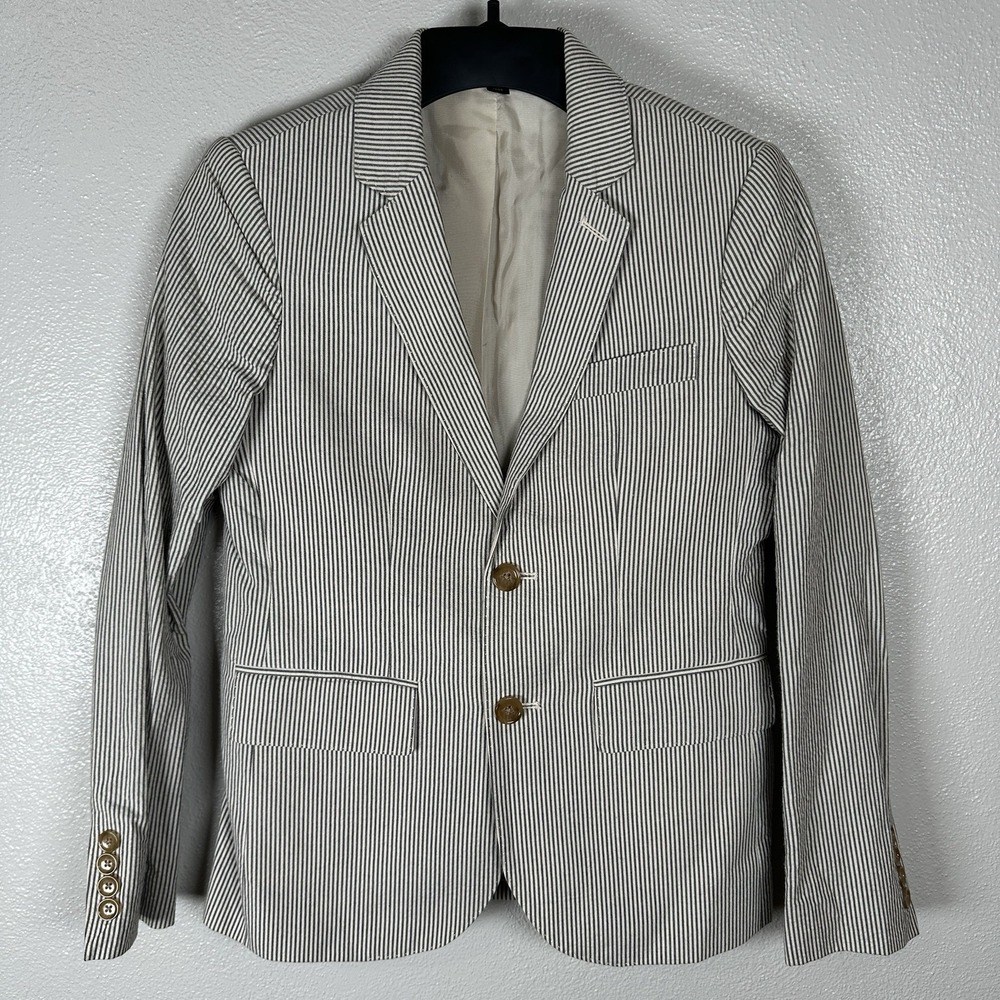 J. Crew Crewcuts Ludlow Seersucker Blazer Boys Size 12 Gray White Striped Cotton